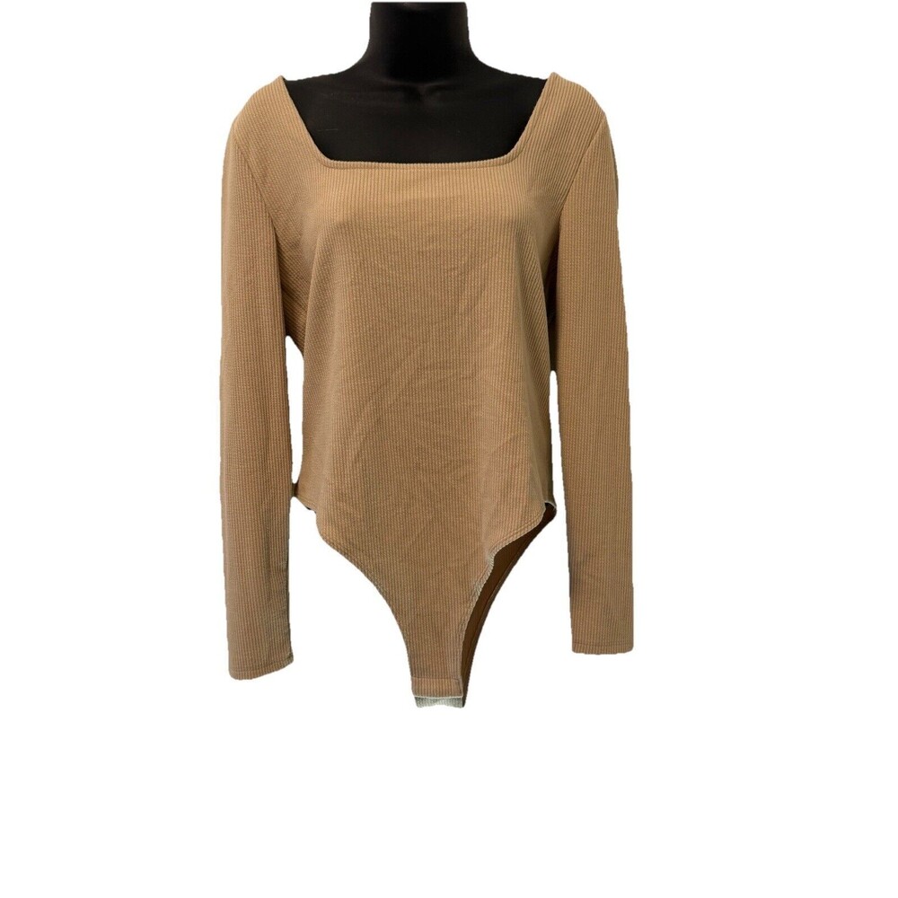A New Day Neutral Minimalist Brown Ribbed‎ Long Sleeve One Piece Bodysuit Large